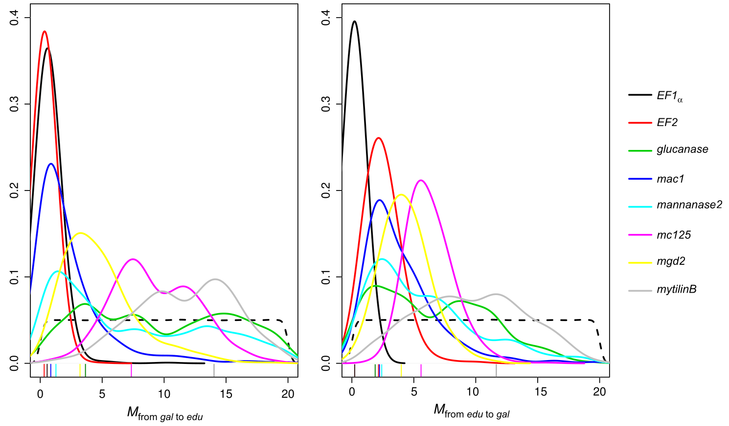 Posterior distributions of migration rates across loci in a Mytilus hybrid zone
