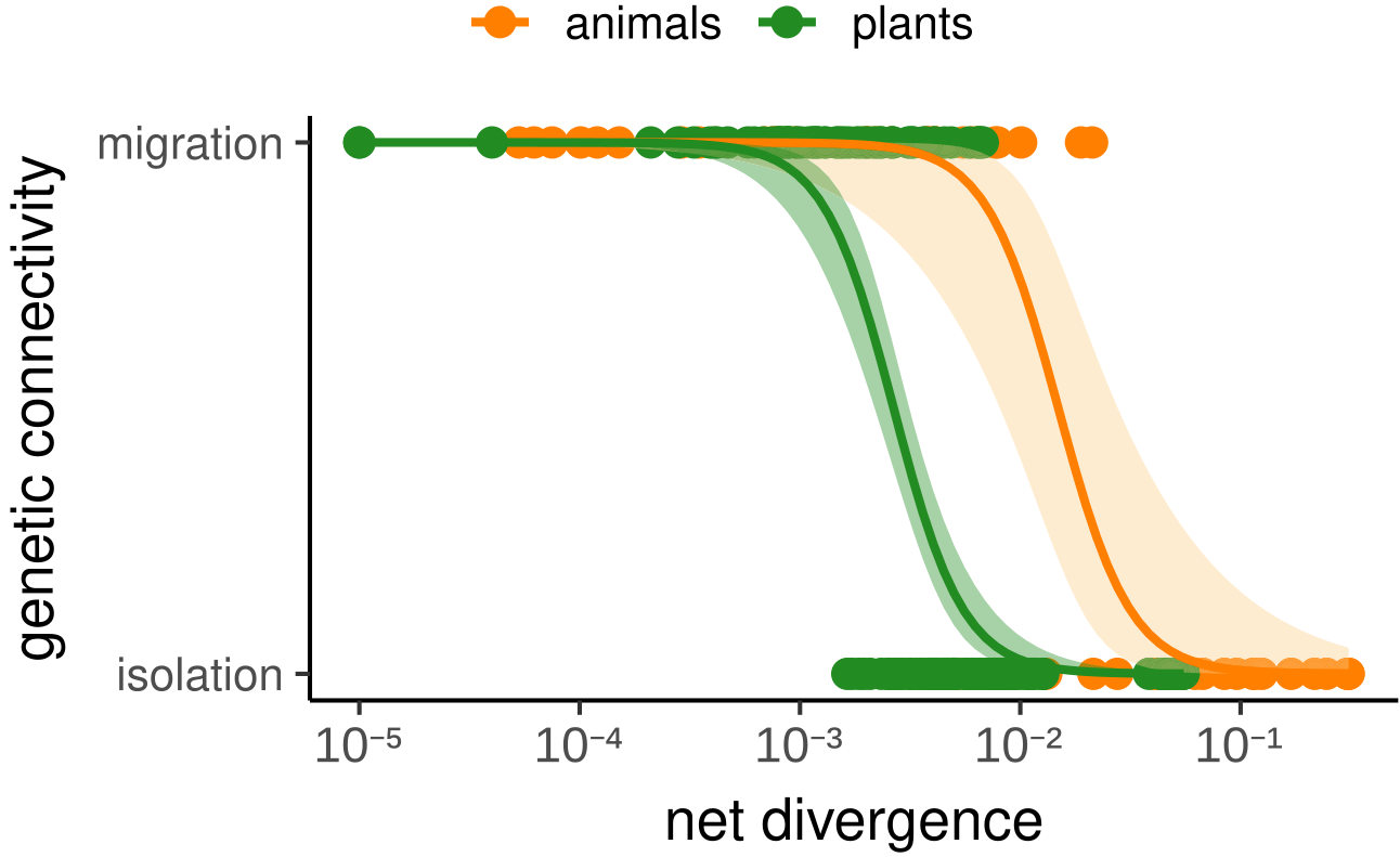 Comparative curve showing genetic connectivity declining with net divergence in animals and plants
